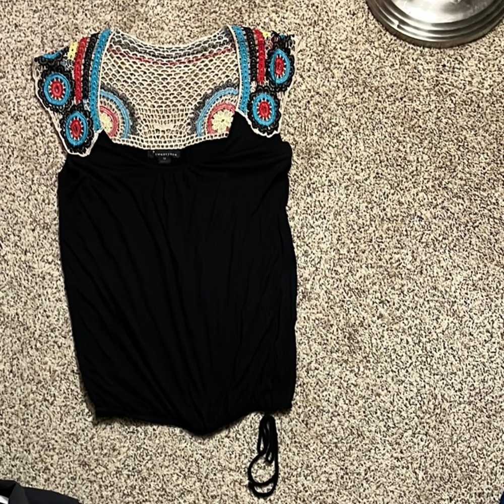 Black Crochet Accent Women's Top
